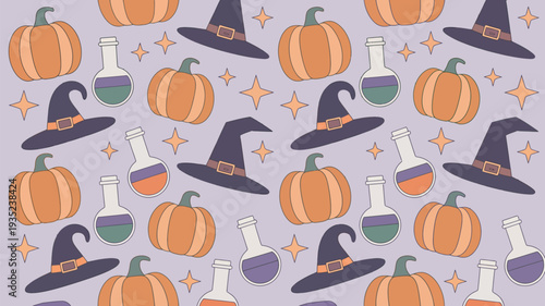 A festive Halloween pattern featuring cartoon pumpkins, witch hats, and potion bottles on a purple background.