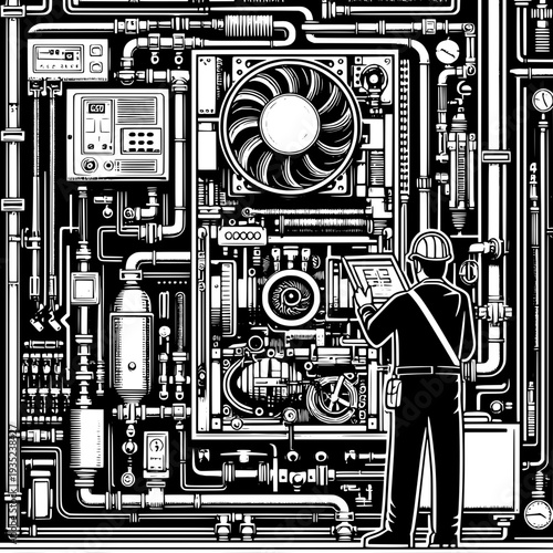 Industrial worker inspecting large machinery in retro steam plant control room