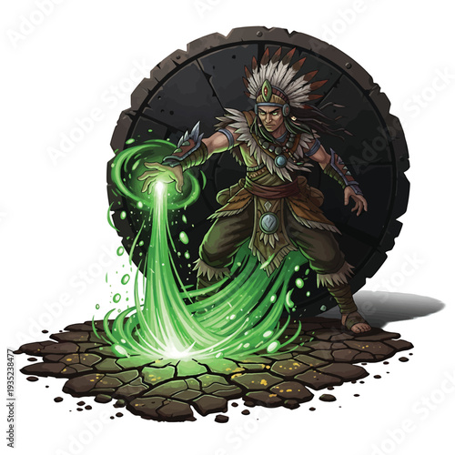 Native Warrior Sorcerer Casting Bright Green Energy on Stone Ground