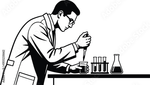 Scientist conducting laboratory experiment with test tubes and flask, chemistry research concept, scientific laboratory illustration