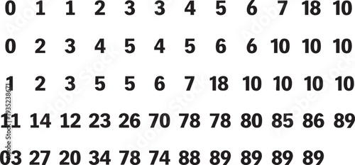 Black numbers on white background arranged in grid pattern black text numerical grid