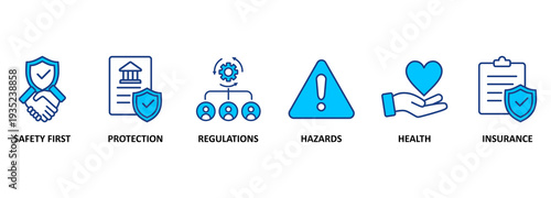 Work safety banner web icon vector illustration for occupational safety and health at work with safety first, protection, regulations, hazards, health, and insurance icon 