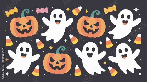 A playful Halloween scene featuring cartoon ghosts, jack-o-lanterns, and candy on a dark background.