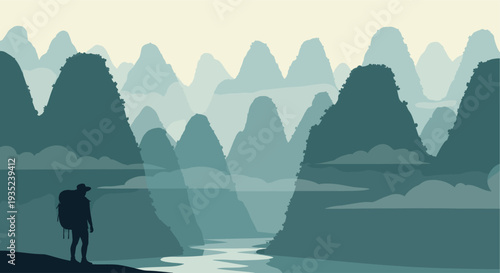A lone hiker with a backpack stands silhouetted against a stylized mountain range landscape illustration in shades of blue and green, conveying adventure and exploration.