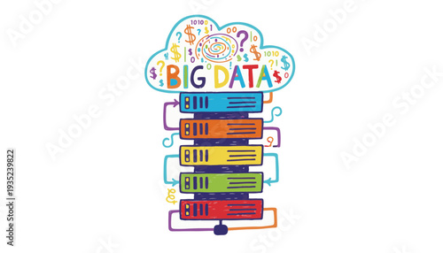 Hand-drawn vector big data server tower with cloud for information architecture and global database networking storage