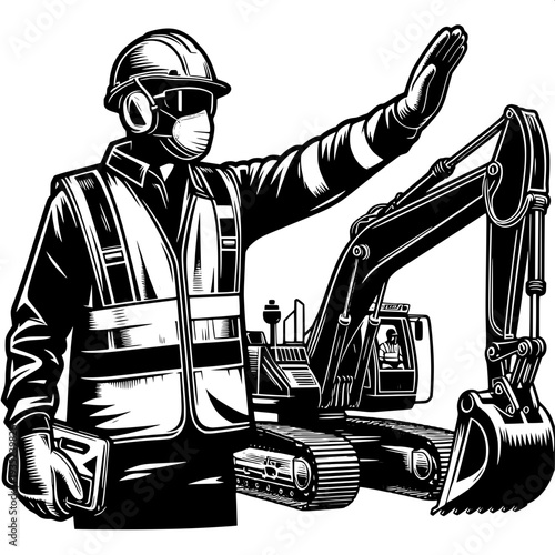 Construction worker directing excavator on site with safety gear and machinery