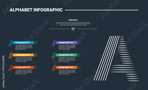 Alphabet infographic process diagram with letter A single on right side with dark background bright outline style 6 points