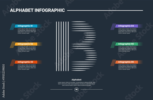 Alphabet infographic process diagram with letter B single on center with dark background bright outline style 6 points