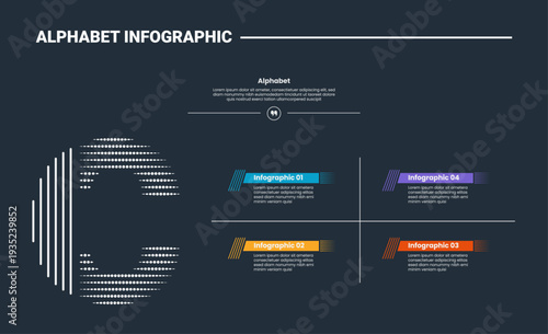 Alphabet infographic process diagram with letter C single on left column with dark background bright outline style 4 points