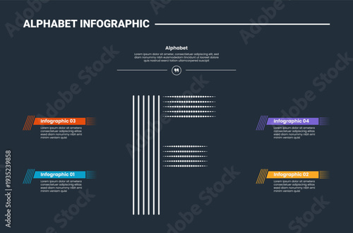 Alphabet infographic process diagram with letter F single center with dark background bright outline style 4 points