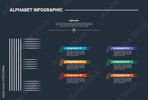 Alphabet infographic process diagram with letter E single on left side with dark background bright outline style 6 points