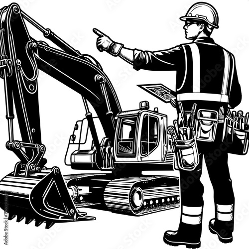 Construction worker directing excavator on site with safety gear and machinery