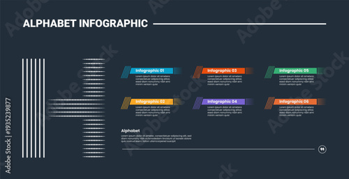 Alphabet infographic process diagram with letter H on left side with dark background bright outline style 6 points