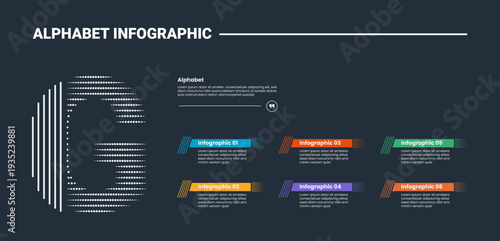 Alphabet infographic process diagram with letter G on left side with dark background bright outline style 6 points