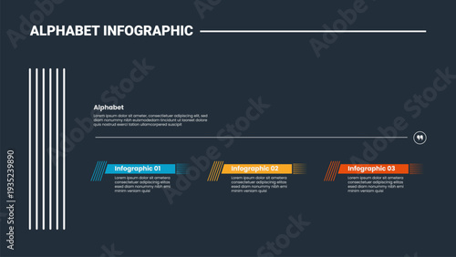 Alphabet infographic process diagram with letter I on left side with dark background bright outline style 3 points
