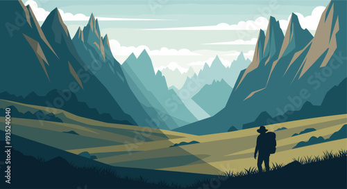 A stylized vector illustration depicts a hiker silhouette observing a vast mountain landscape with layered peaks under a serene sky; ideal for travel, adventure, or outdoor themes.