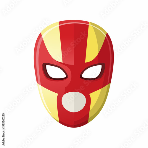 Superhero mask in red and yellow with oval shape and white eyeholes, comic book graphic element