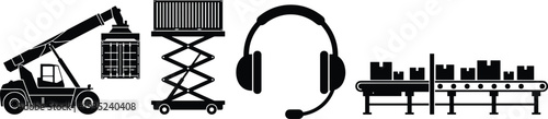Warehouse logistics and industrial equipment icons set with crane truck, cargo container lift, headset support