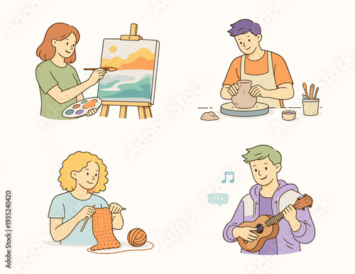 Creative Hobby Activities Painting Pottery Knitting and Playing Ukulele Flat Vector Illustration Set