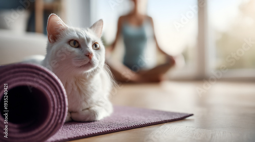 White cat resting on yoga mat while woman meditates at home