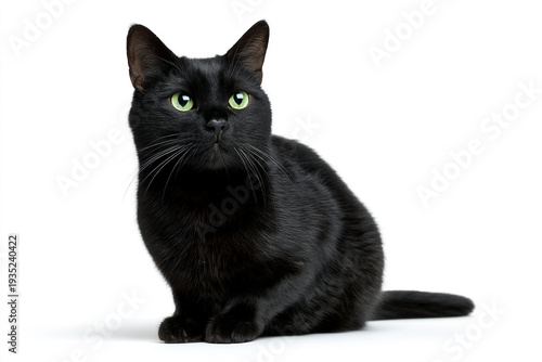 Black cat sitting isolated on white background with copy space
