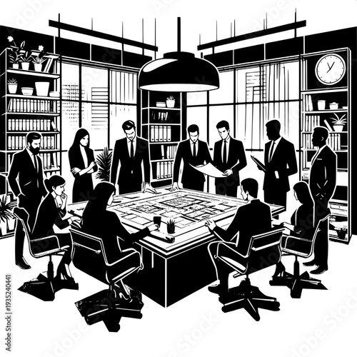 Business team meeting around antique wooden table in bright modern office with bookshelves