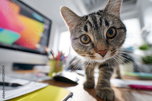 Close up tabby cat looks into camera in modern office