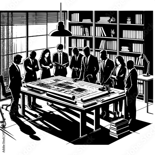 Business team meeting around antique wooden table in bright modern office with bookshelves