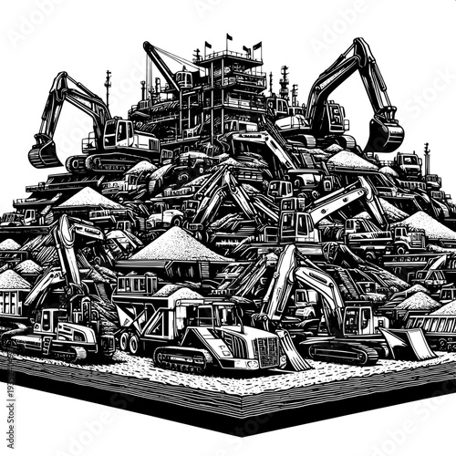 Construction site heavy machinery fleet at work industrial equipment excavators bulldozers cranes