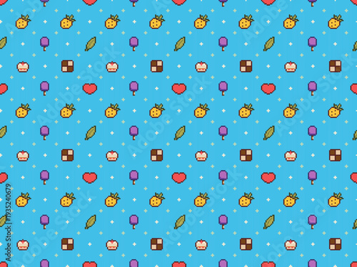 Cute pixel art images are a continuous, adorable pattern, perfect for wall art, gift wrapping paper, and prints.
