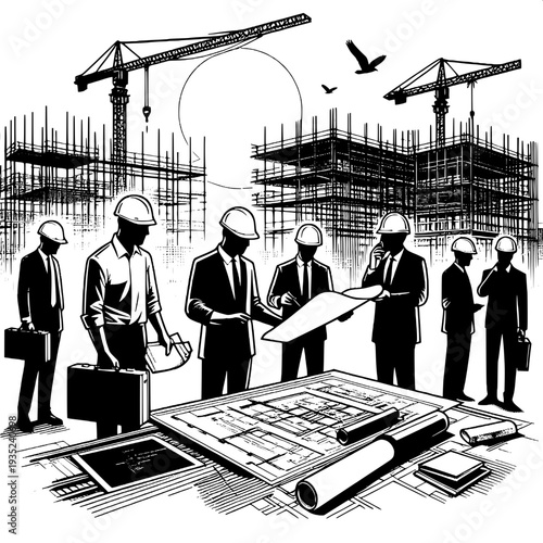 Business team reviewing construction blueprints on site with cranes and buildings