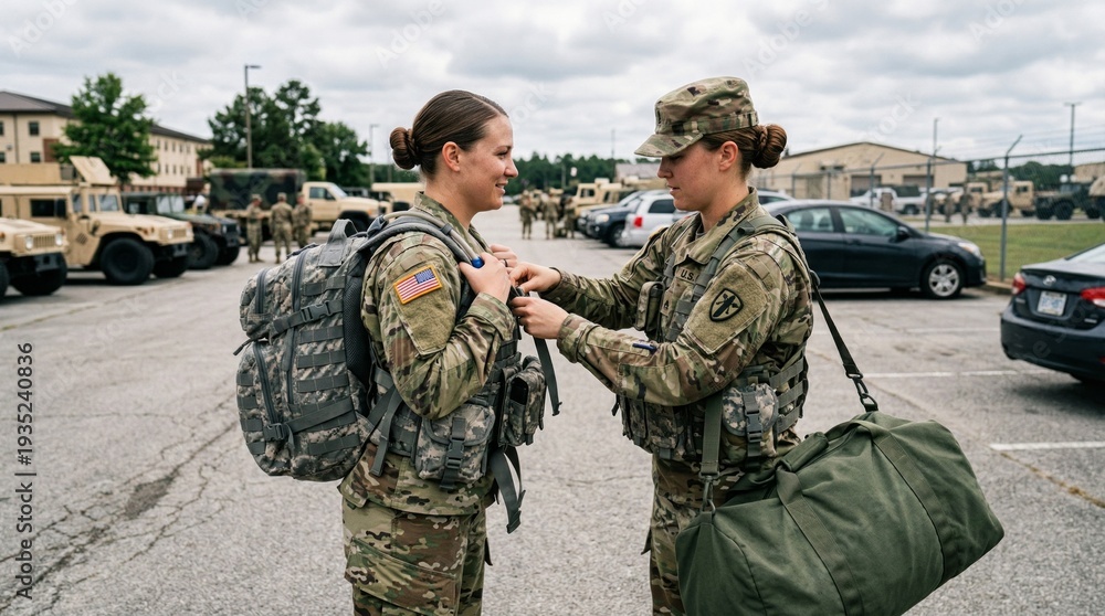 Fototapeta premium Two US Army female soldiers in uniform preparing for deployment with gear.