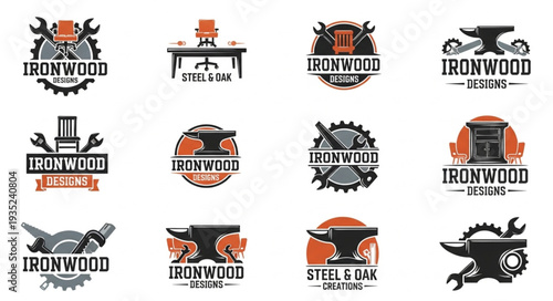 Collection of Industrial Logos Featuring Anvils and Tools.