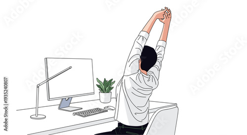 Man Stretching Arms at Office Desk.