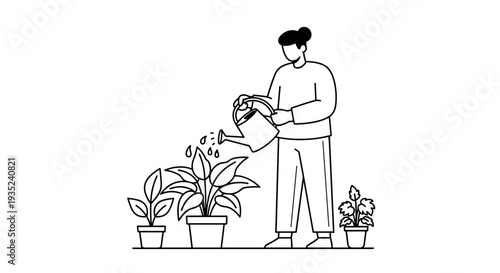 Man Watering Potted Plants with Care.