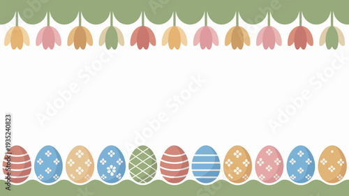 A colorful Easter-themed border with decorated eggs and flowers on a white background
