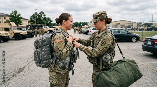 Two US Army female soldiers in uniform preparing for deployment with gear.