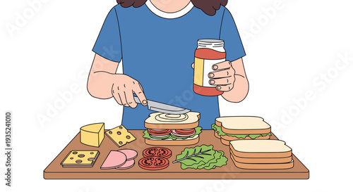 Woman Preparing Sandwich with Various Ingredients.