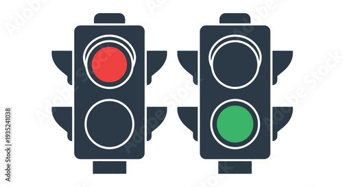 Two traffic lights one red one green against a white background