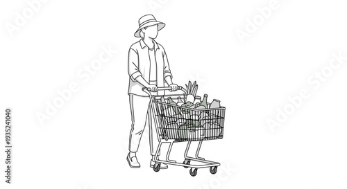 Woman Shopping with Trolley at Supermarket.