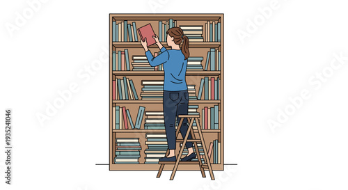 Woman Reading a Book on Ladder.