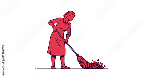 Woman Sweeping Floor with Broom and Dust.