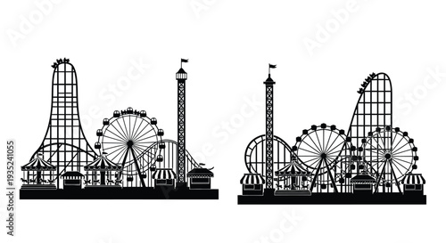 Black and white silhouette of a bustling amusement park with rides