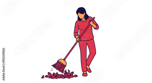 Woman Wearing Red Sweatsuit Sweeping Floor.