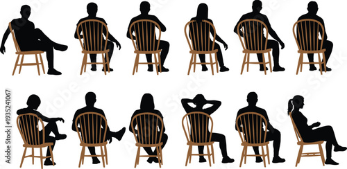 People sitting on wooden chairs silhouette set, back and side view human poses isolated on white background for character design reference