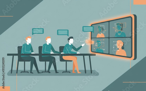 Team participating in a virtual meeting from a modern office, seen from a slightly elevated viewpoint, featuring digital communication.