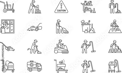 Quadro su tela Professional cleaning and maintenance service line icon set featuring janitorial equipment, vacuuming, floor polishing, lawn mowing, and sanitation concepts