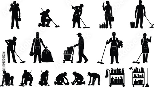 Professional cleaning service worker silhouettes set isolated on white background, janitors with mops, vacuum cleaners, carts and sanitation equipment vector illustration