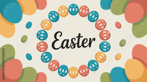 A colorful Easter graphic with eggs and vibrant shapes on a cream background
