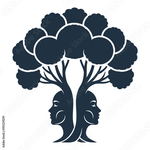 Tree with two human faces as roots and round clouds  symbolic illustration icon